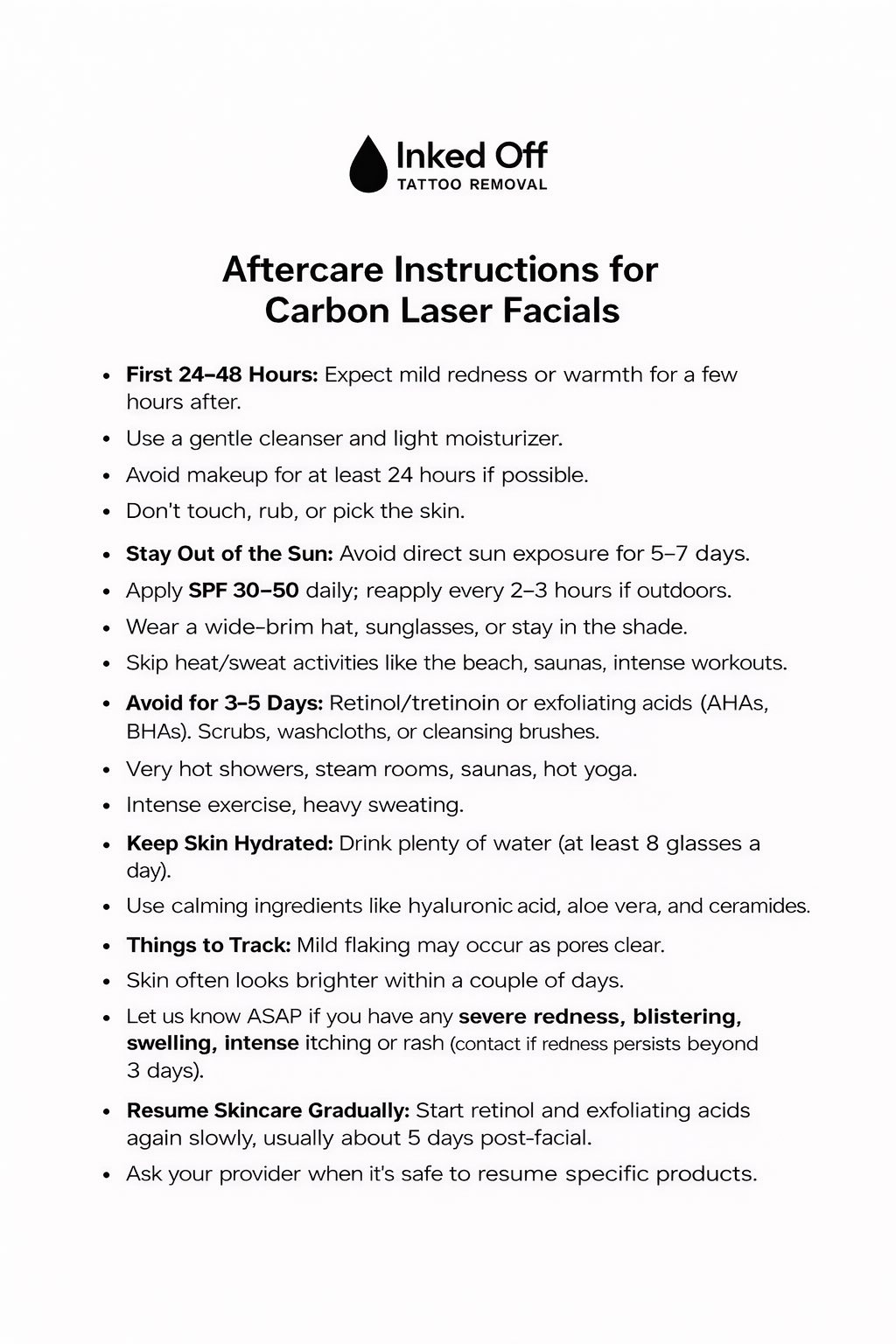 Inked Off aftercare instructions for Carbon Laser Facials