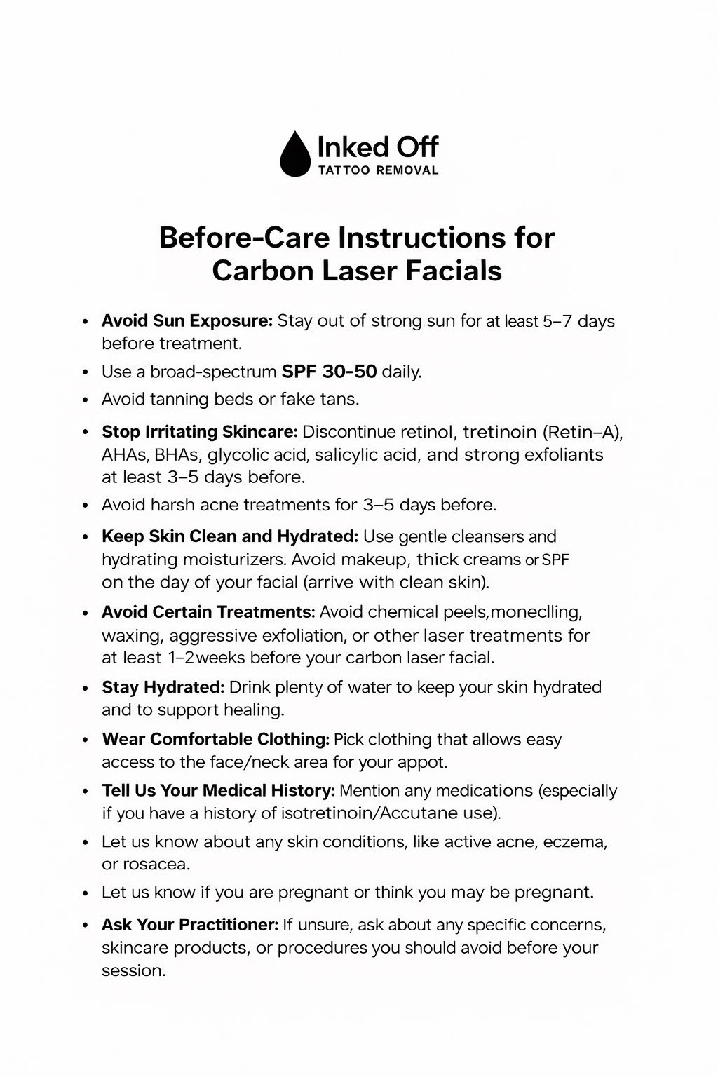 Inked Off before-care instructions for Carbon Laser Facials